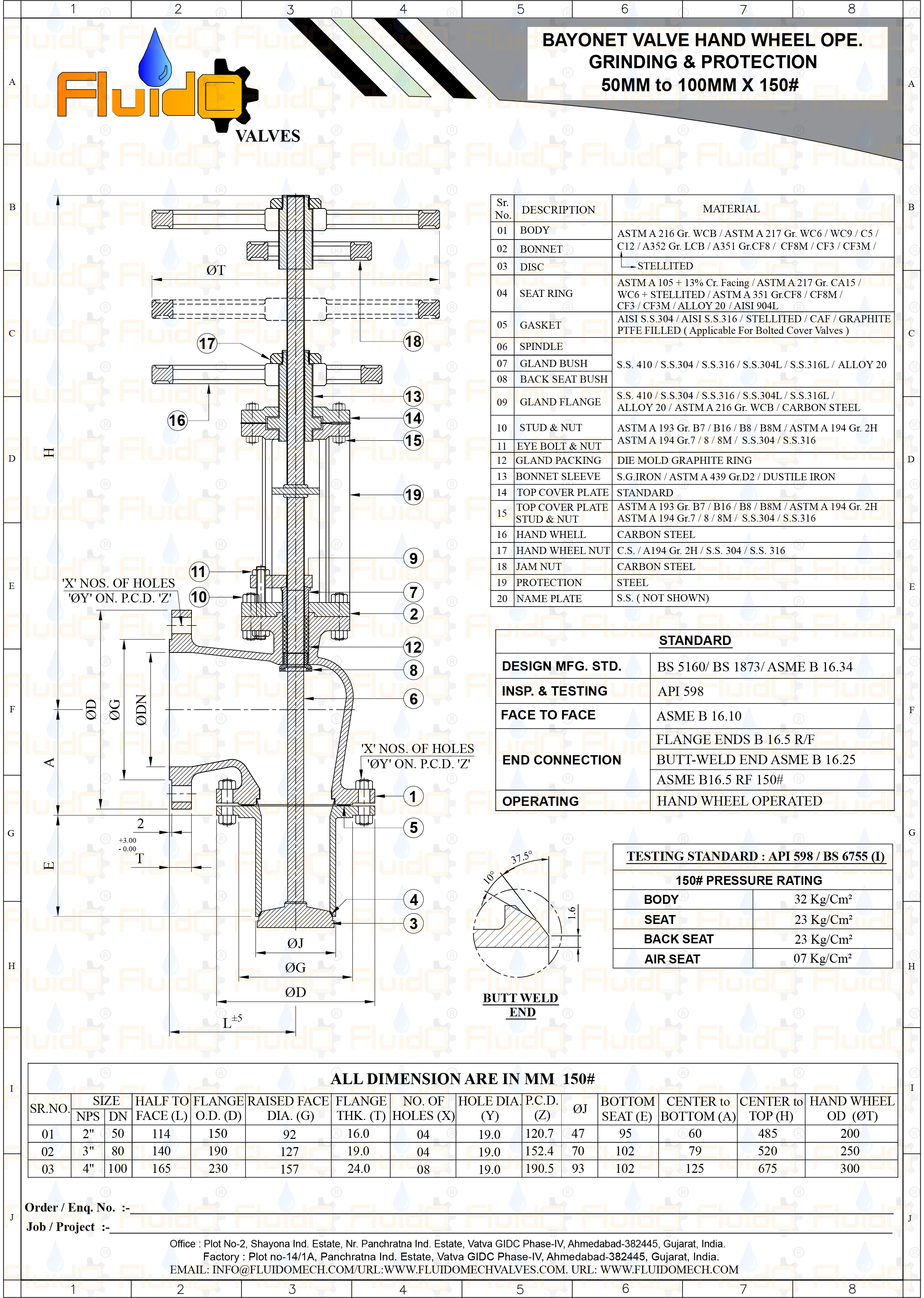 BAYONET VALVE HAND WHEEL OPE. GRINDING & PROTECTION 50MM to 1OOMM X 150#
