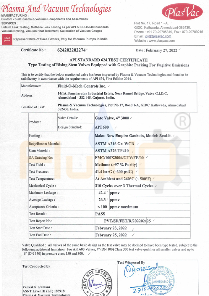 API STANDARD 624 TEST CERTIFICATE <br>Type Testing of Rising Stem Valves Equipped with Graphite Packing For Fugitive Emissions