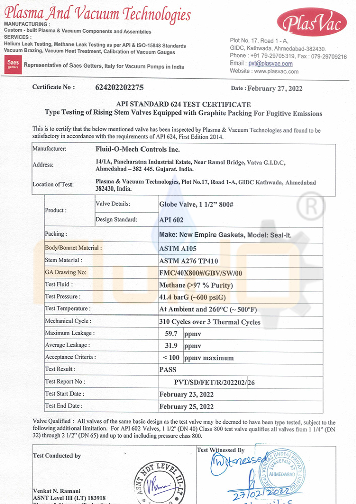 API STANDARD 624 TEST CERTIFICATE <br>Type Testing of Rising Stem Valves Equipped with Graphite Packing For Fugitive Emissions