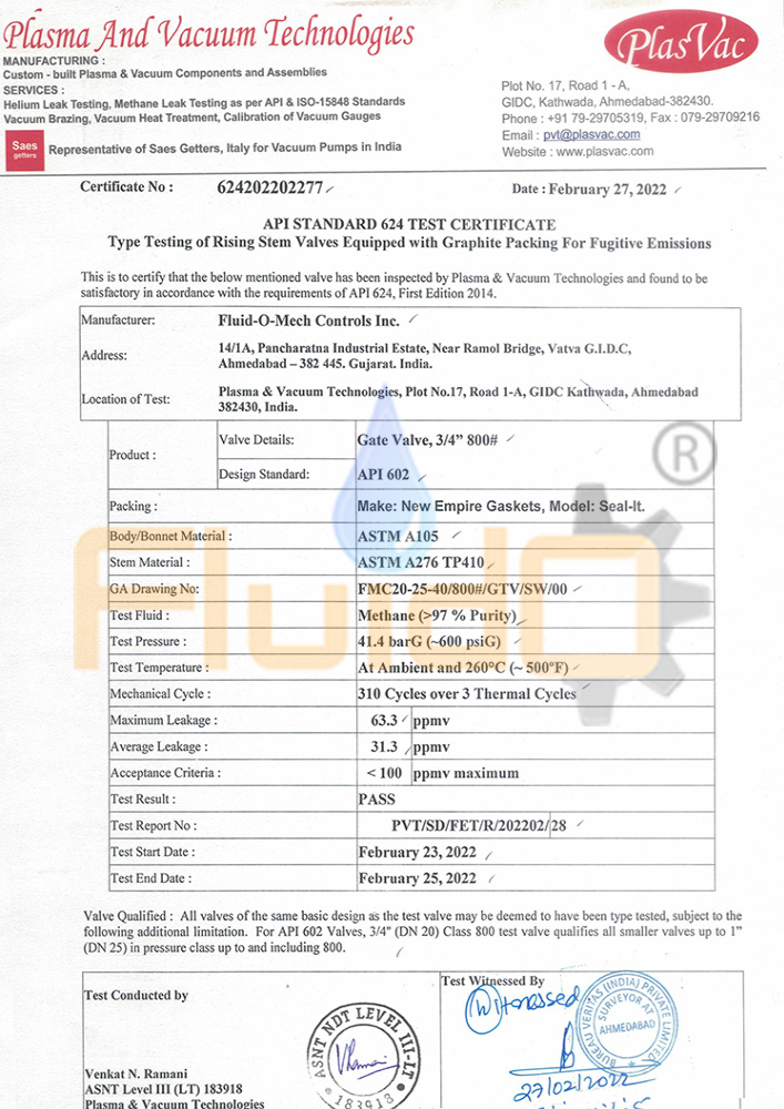 API STANDARD 624 TEST CERTIFICATE <br>Type Testing of Rising Stem Valves Equipped with Graphite Packing For Fugitive Emissions