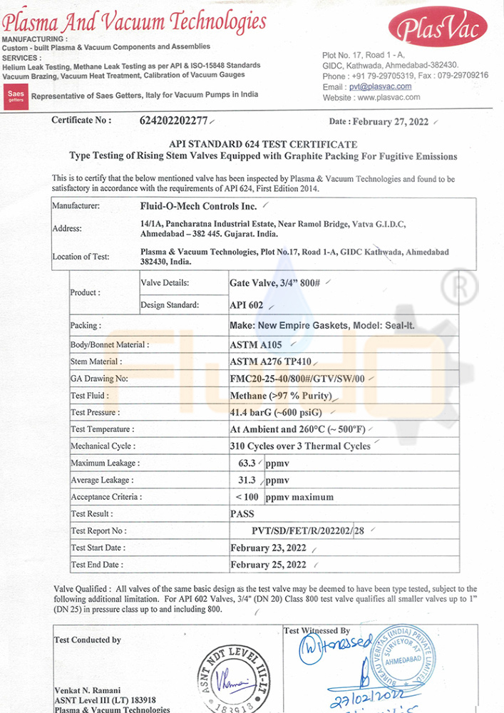 API STANDARD 624 TEST CERTIFICATE <br>Type Testing of Rising Stem Valves Equipped with Graphite Packing For Fugitive Emissions